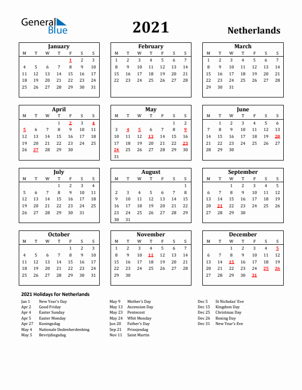 2021 The Netherlands Holiday Calendar - Monday Start