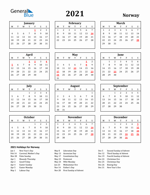 2021 Norway Holiday Calendar - Monday Start