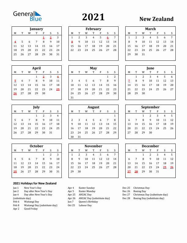 2021 New Zealand Holiday Calendar - Monday Start