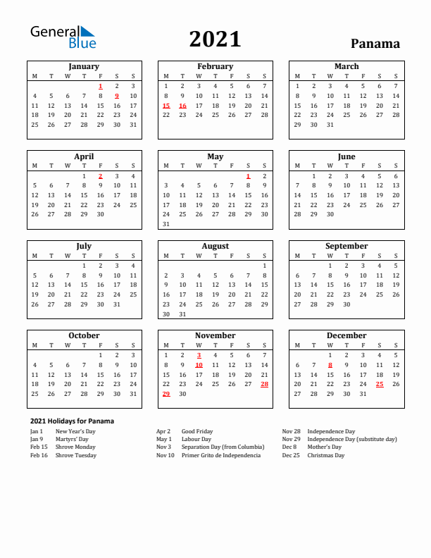 2021 Panama Holiday Calendar - Monday Start