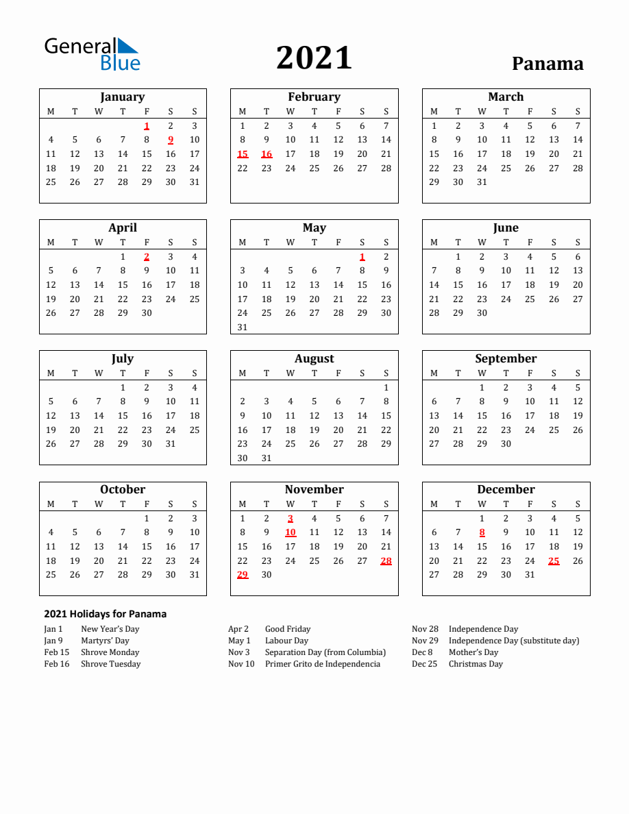 Free Printable 2021 Panama Holiday Calendar