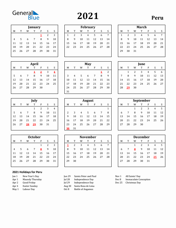 2021 Peru Holiday Calendar - Monday Start