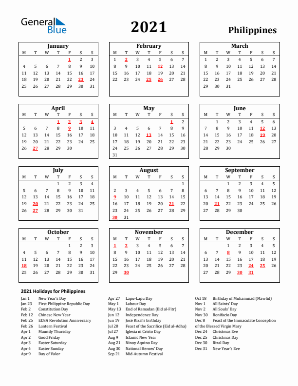 2021 Philippines Holiday Calendar - Monday Start