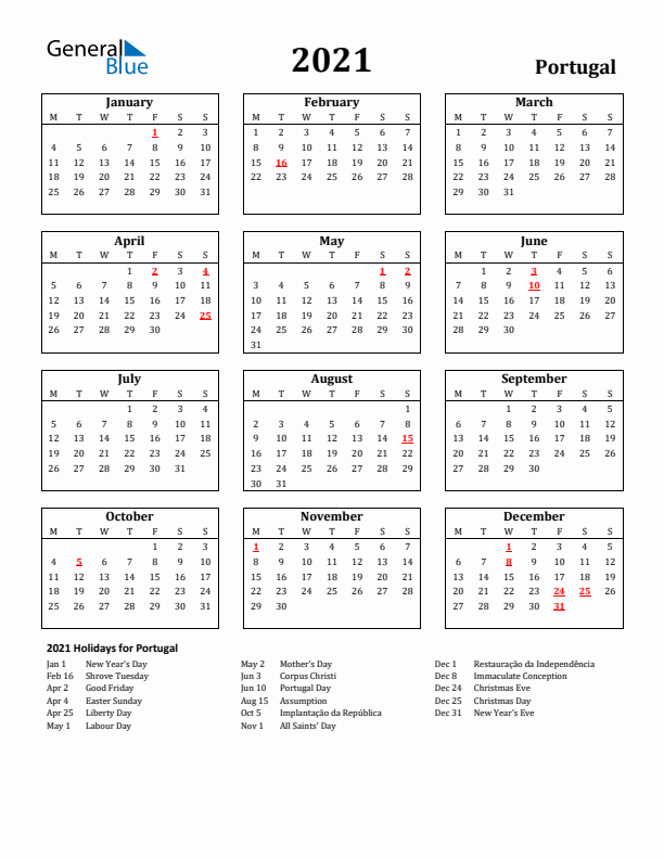 2021 Portugal Holiday Calendar - Monday Start