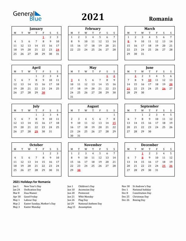 2021 Romania Holiday Calendar - Monday Start