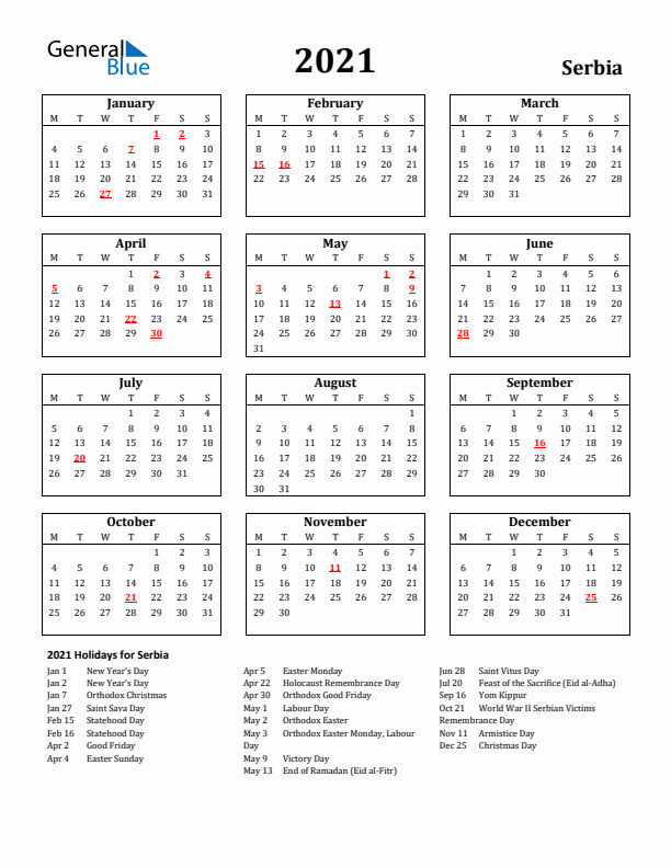 2021 Serbia Holiday Calendar - Monday Start