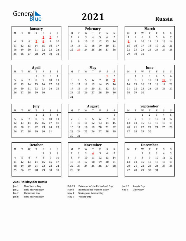 2021 Russia Holiday Calendar - Monday Start