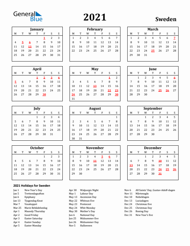 2021 Sweden Holiday Calendar - Monday Start