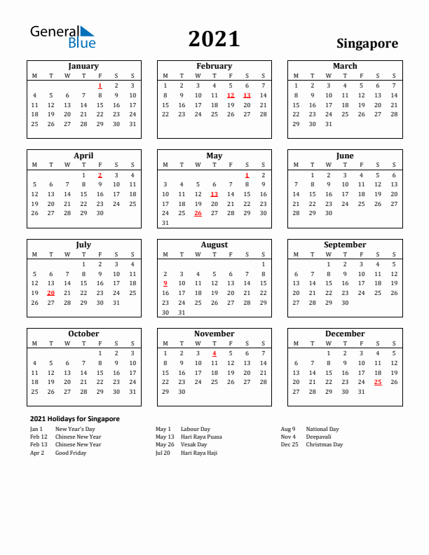 2021 Singapore Holiday Calendar - Monday Start