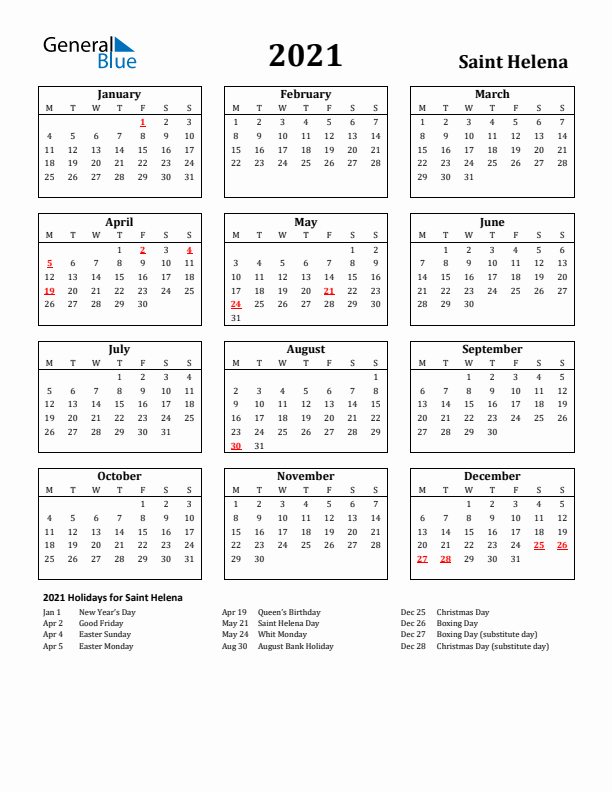 2021 Saint Helena Holiday Calendar - Monday Start