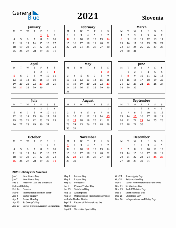 2021 Slovenia Holiday Calendar - Monday Start