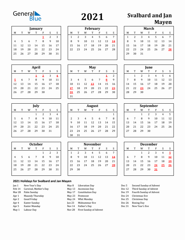 2021 Svalbard and Jan Mayen Holiday Calendar - Monday Start