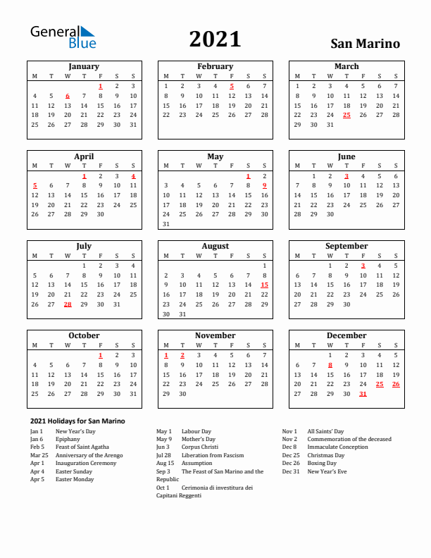 2021 San Marino Holiday Calendar - Monday Start