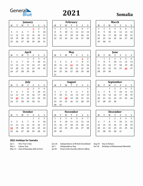 2021 Somalia Holiday Calendar - Monday Start