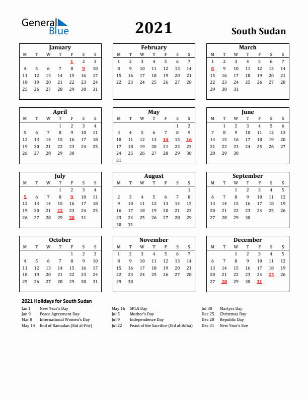 2021 South Sudan Holiday Calendar - Monday Start