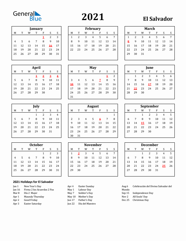 2021 El Salvador Holiday Calendar - Monday Start