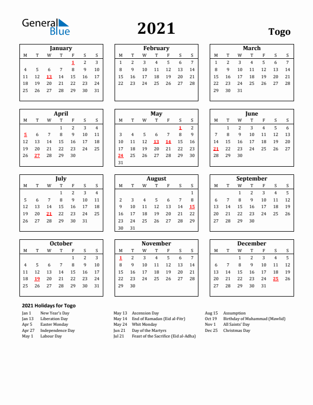 2021 Togo Holiday Calendar - Monday Start