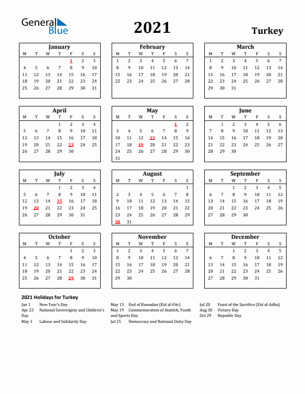 2021 Turkey Holiday Calendar - Monday Start
