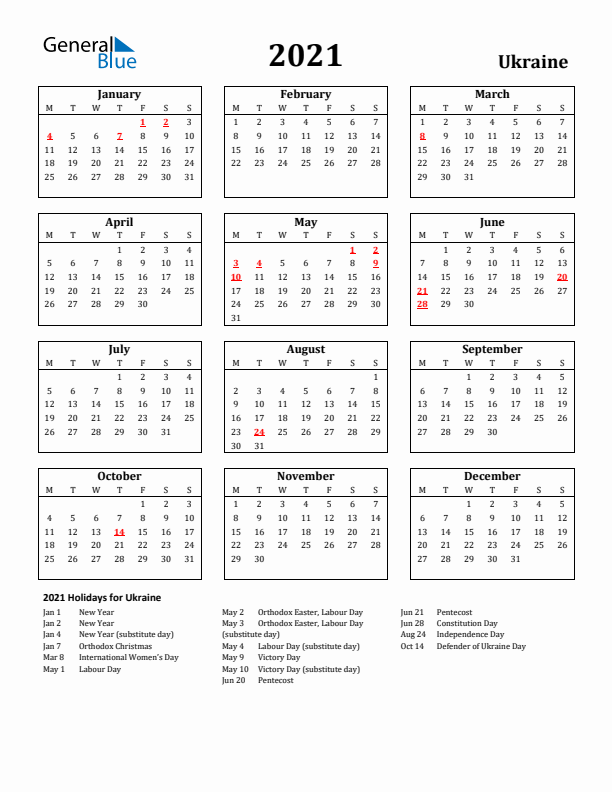 2021 Ukraine Holiday Calendar - Monday Start