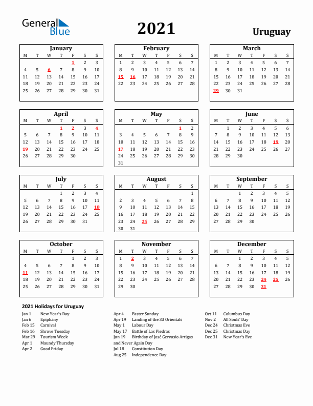 2021 Uruguay Holiday Calendar - Monday Start