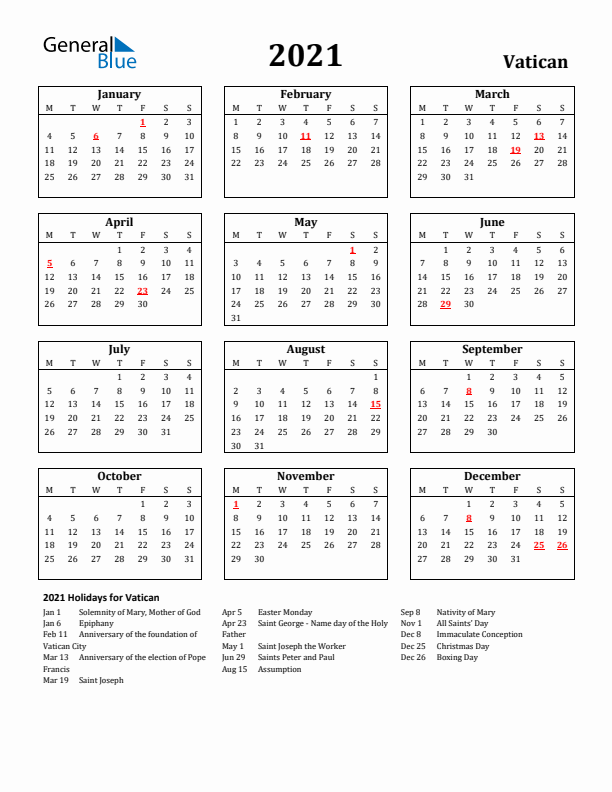 2021 Vatican Holiday Calendar - Monday Start