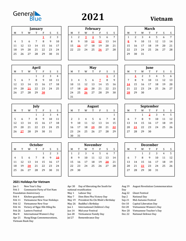 2021 Vietnam Holiday Calendar - Monday Start