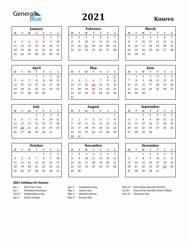 2021 Kosovo Holiday Calendar - Monday Start