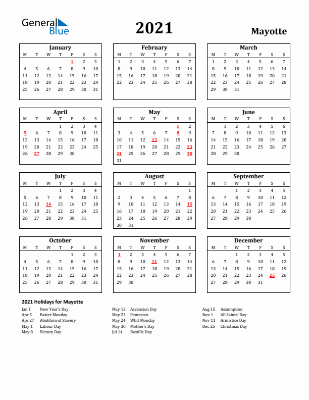 2021 Mayotte Holiday Calendar - Monday Start