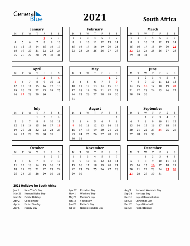 2021 South Africa Holiday Calendar - Monday Start