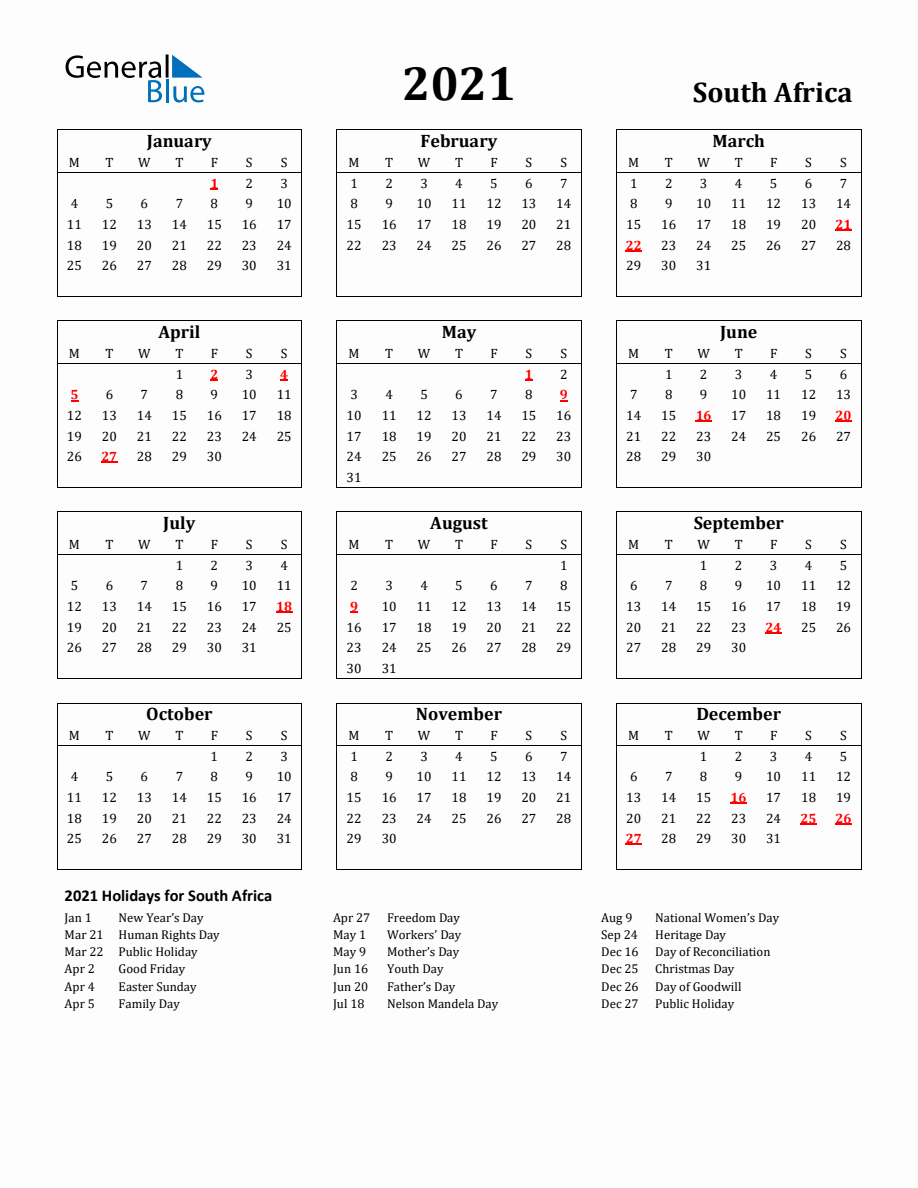 Free Printable 2021 South Africa Holiday Calendar