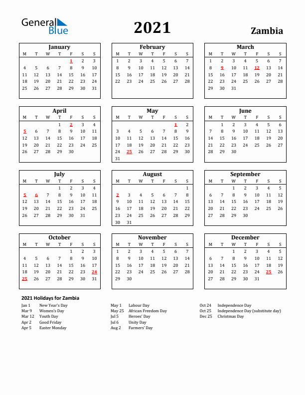 2021 Zambia Holiday Calendar - Monday Start
