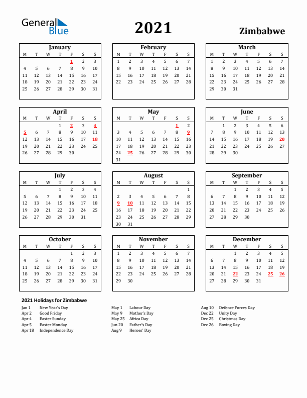2021 Zimbabwe Holiday Calendar - Monday Start