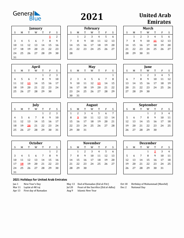 2021 United Arab Emirates Holiday Calendar - Sunday Start