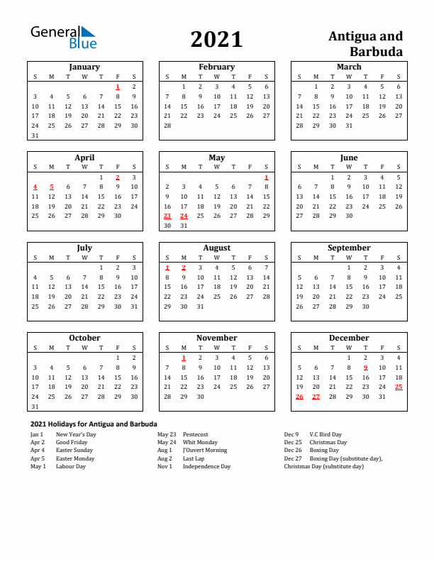 2021 Antigua and Barbuda Holiday Calendar - Sunday Start