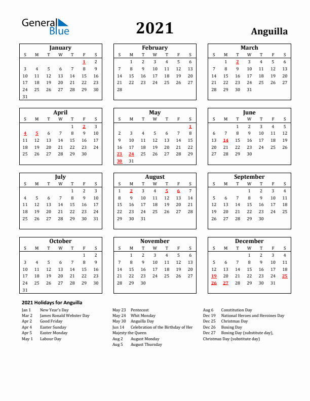 2021 Anguilla Holiday Calendar - Sunday Start