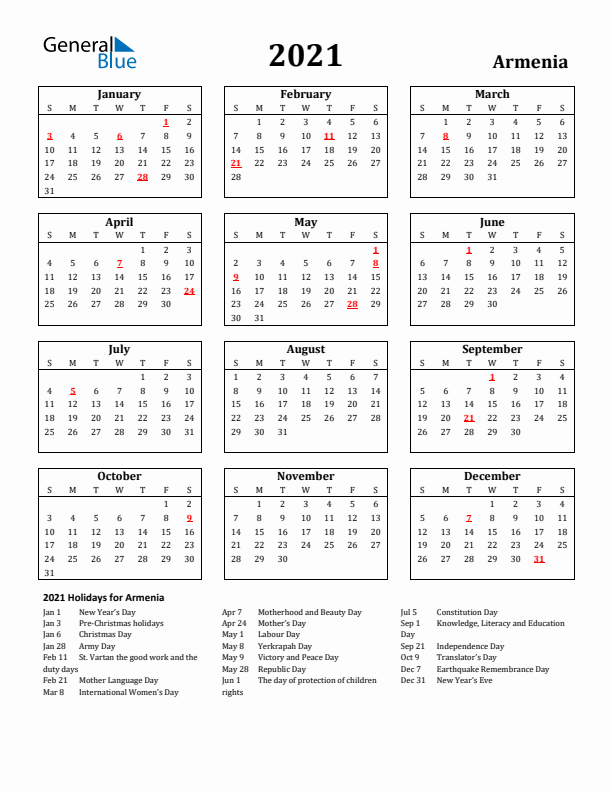 2021 Armenia Holiday Calendar - Sunday Start