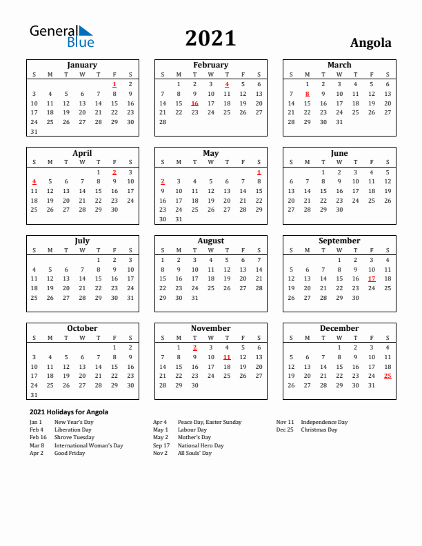2021 Angola Holiday Calendar - Sunday Start