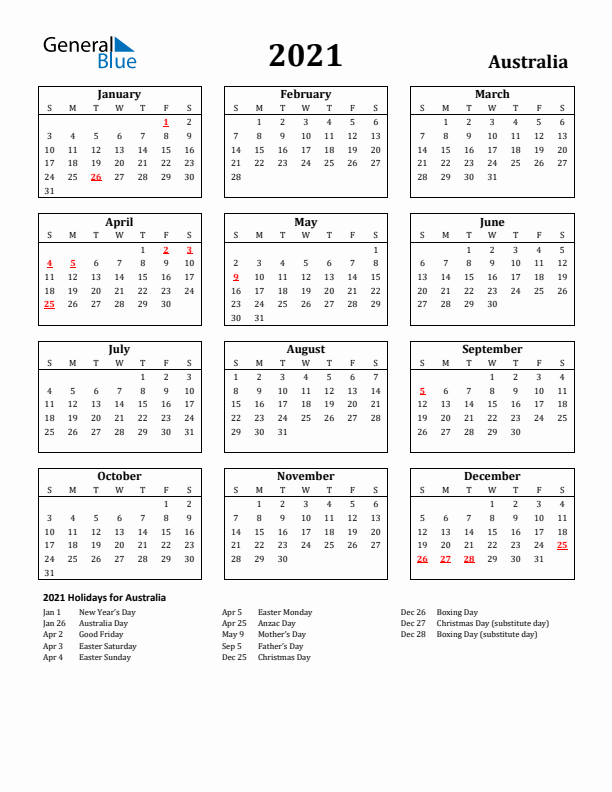 2021 Australia Holiday Calendar - Sunday Start