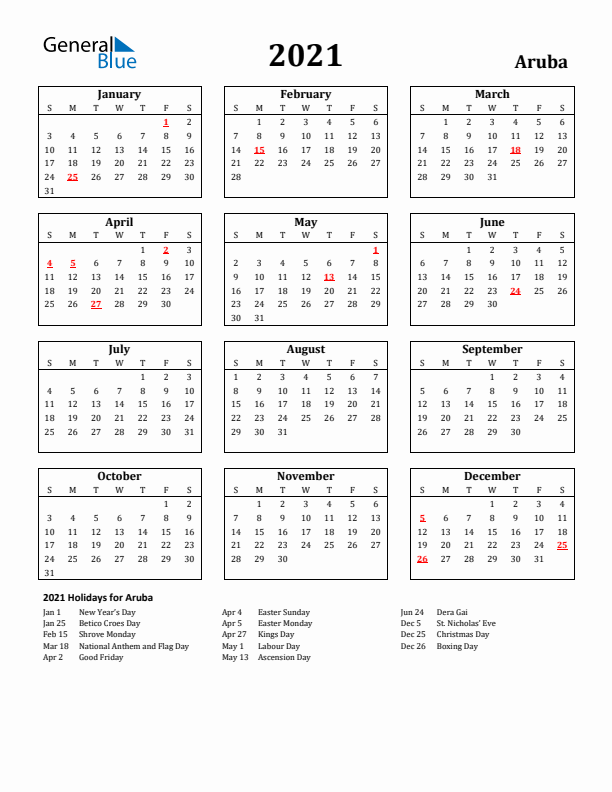 2021 Aruba Holiday Calendar - Sunday Start