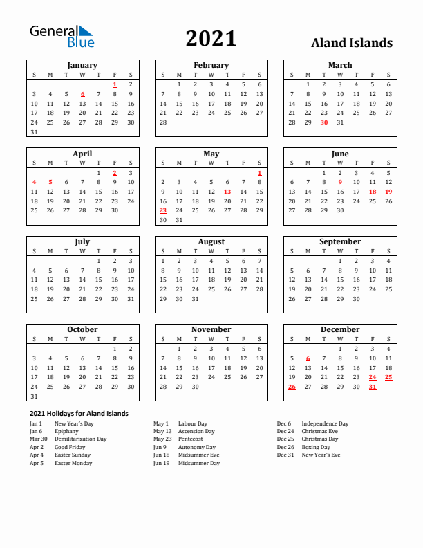 2021 Aland Islands Holiday Calendar - Sunday Start