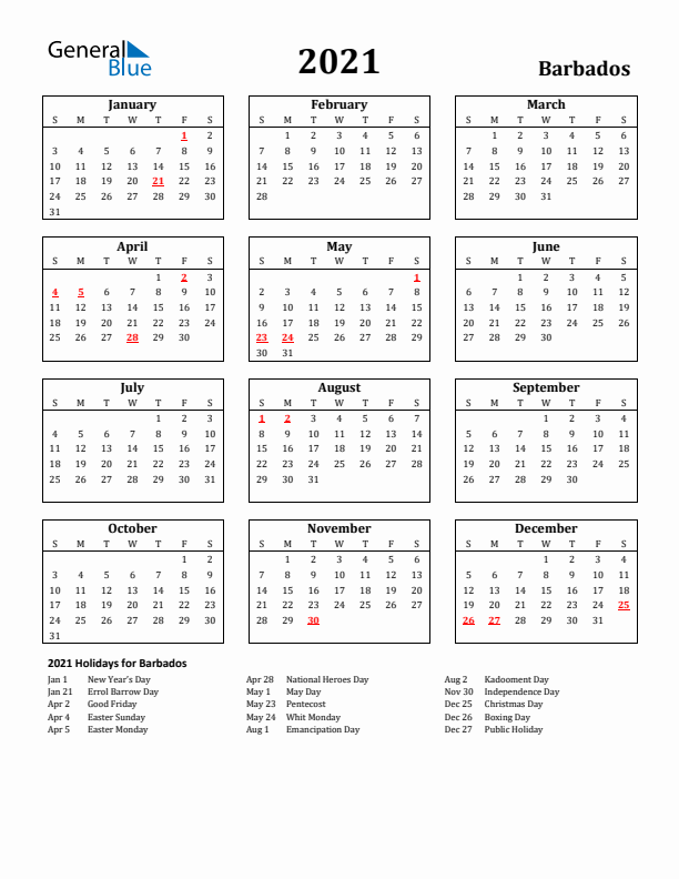 2021 Barbados Holiday Calendar - Sunday Start