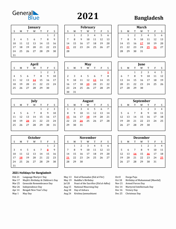 2021 Bangladesh Holiday Calendar - Sunday Start