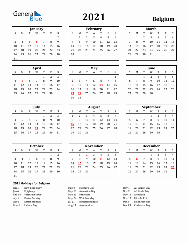 2021 Belgium Holiday Calendar - Sunday Start