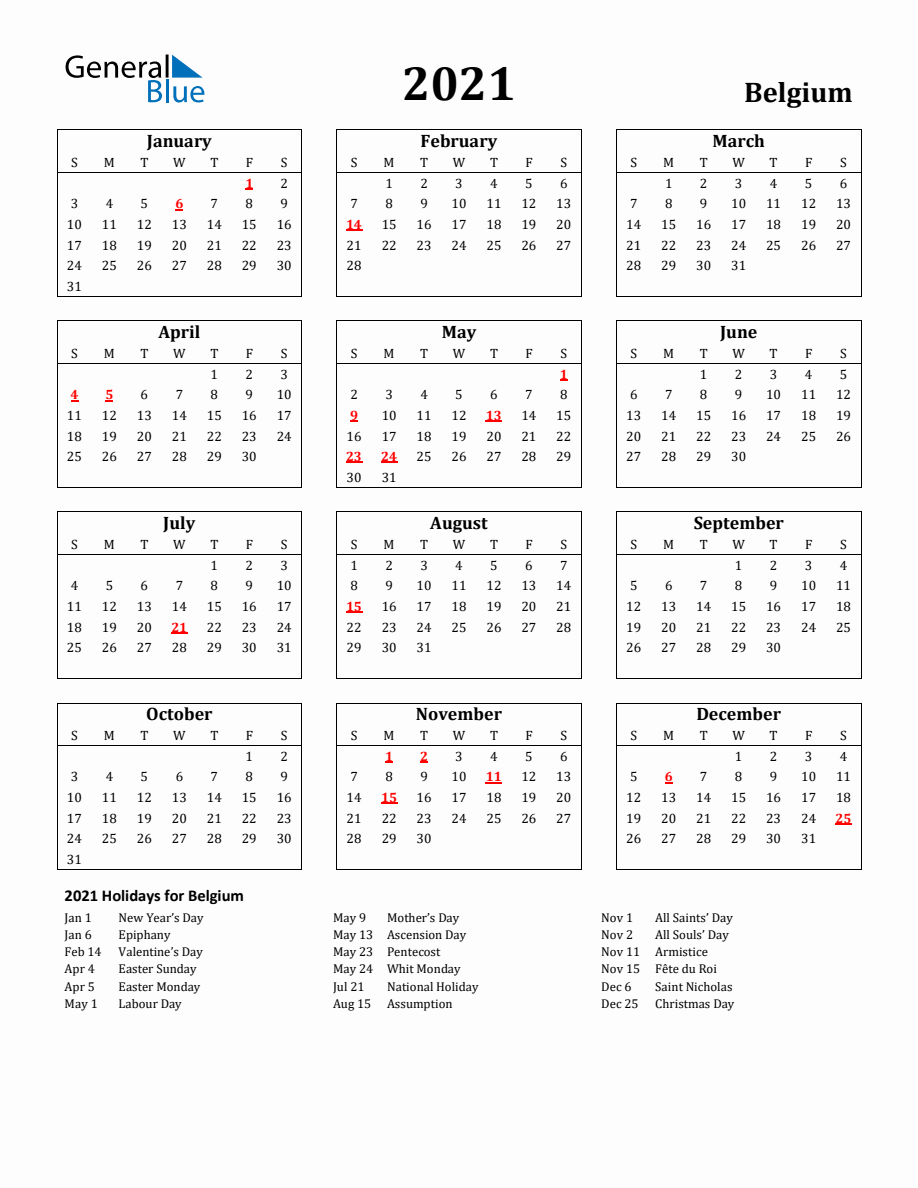 Free Printable 2021 Belgium Holiday Calendar