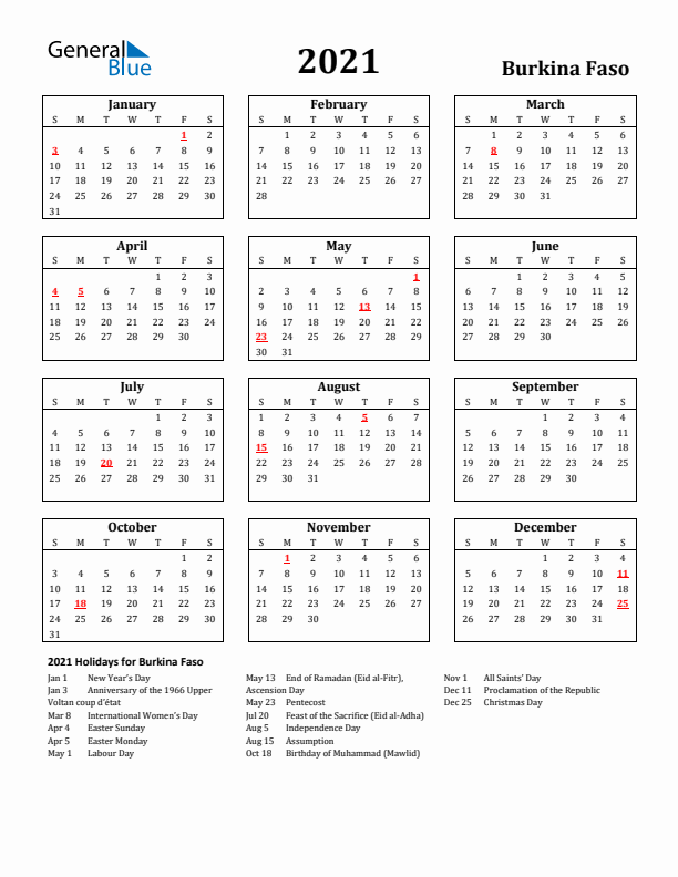 2021 Burkina Faso Holiday Calendar - Sunday Start