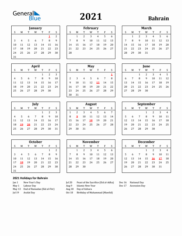 2021 Bahrain Holiday Calendar - Sunday Start