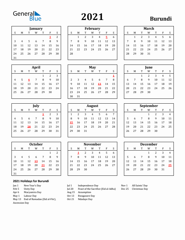 2021 Burundi Holiday Calendar - Sunday Start