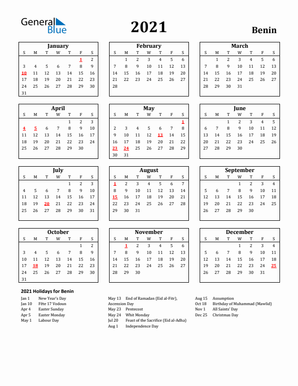 2021 Benin Holiday Calendar - Sunday Start