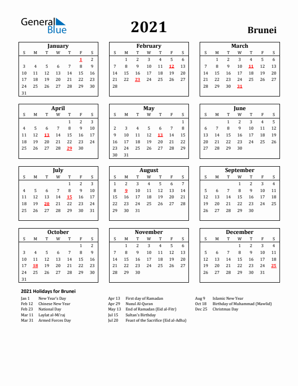2021 Brunei Holiday Calendar - Sunday Start