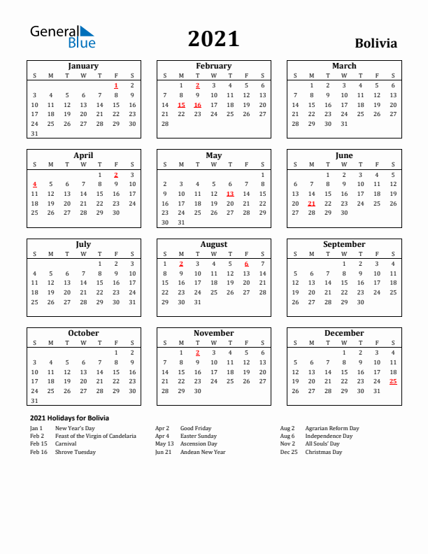 2021 Bolivia Holiday Calendar - Sunday Start